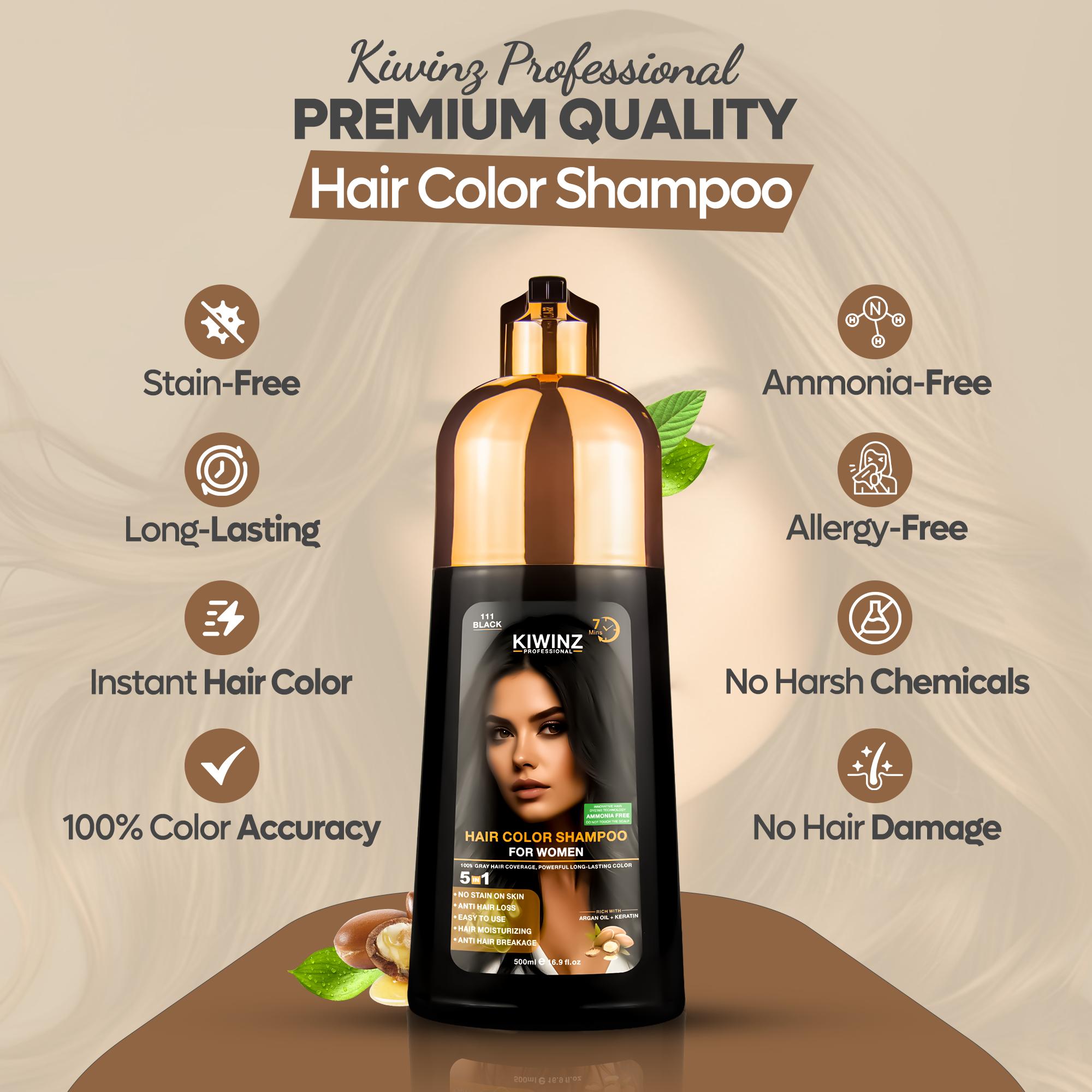 KIWINZ Professional 5-in-1 Women's Hair Dye Shampoo - Black Dry, Argan Oil & Keratin, No Stain, Anti-Hair Loss, Moisturizing, Breakage Repair, 500ml