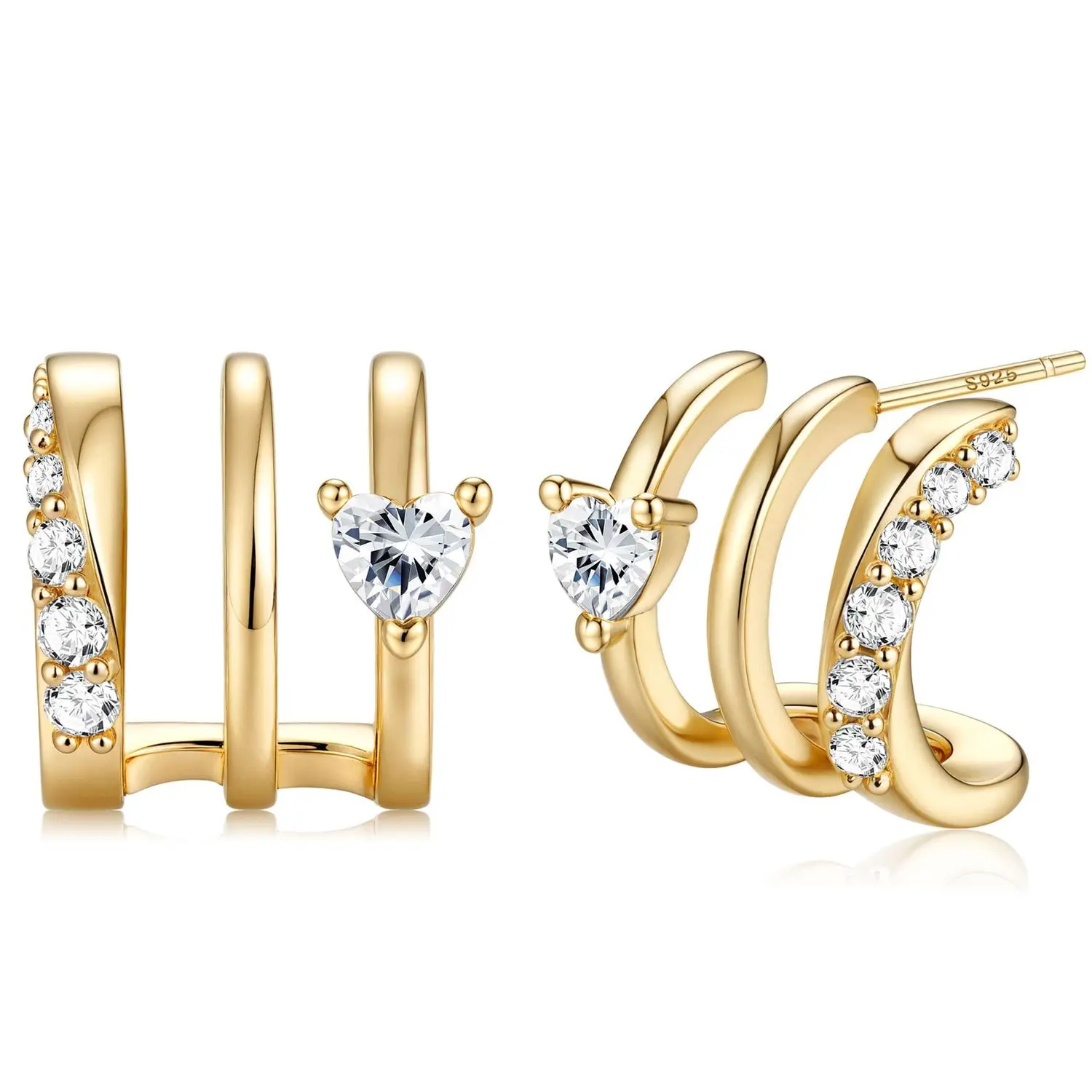 FIASASO S925 Sterling Silver Illusion Stud Earrings for Women | Hypoallergenic 14K Plated Gold Triple Hoop Huggie Earring for One Hole Trendy Lightweight Multi Hoops Claw CZ Earrings