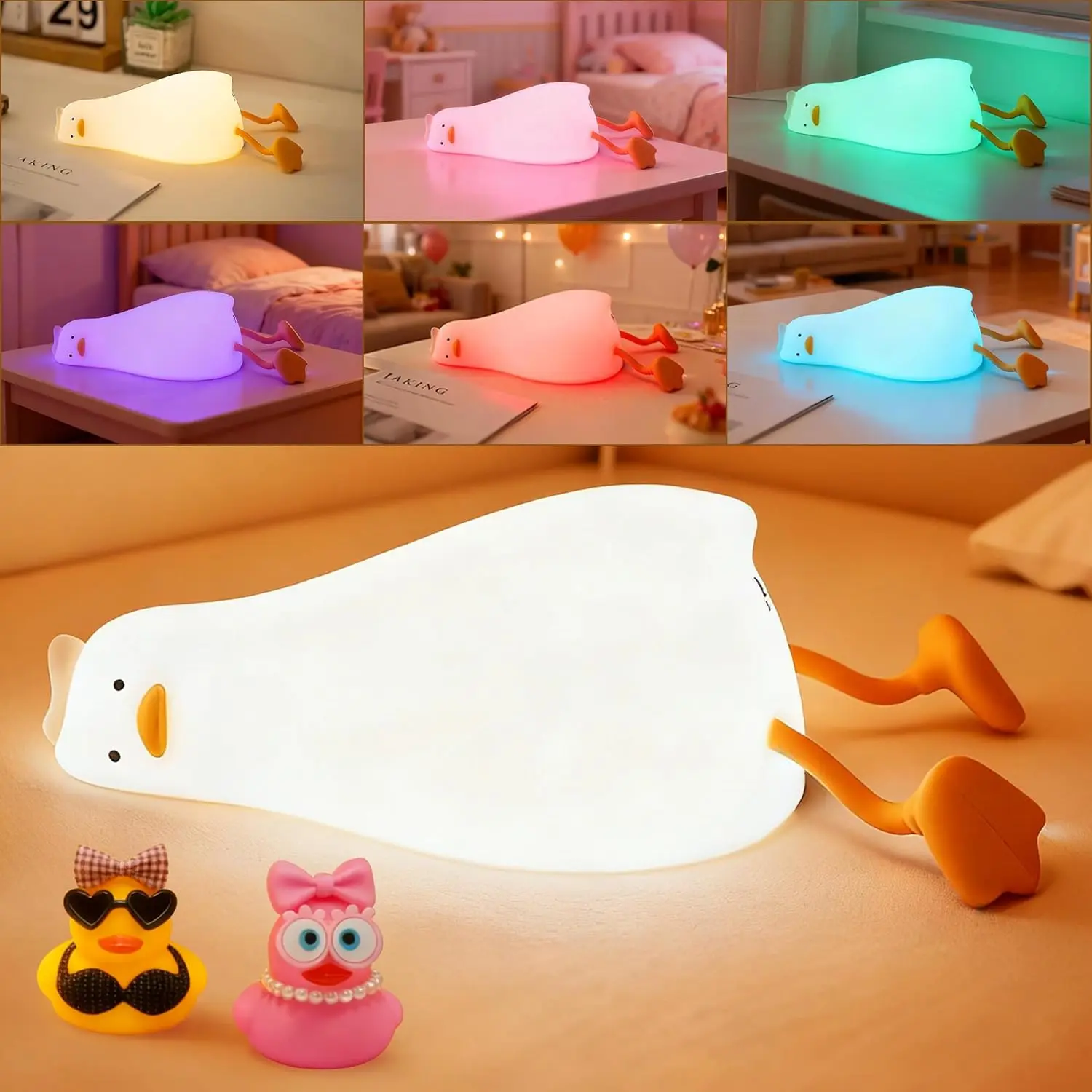 Cute Duck Night Light with Color Changing, APP/Tap Fun Lying Flat Duck Lamp with Rubber Duck Gift,Soft Silicone Nursery Nightlight,Dimmable/Timing Bedside Lamp,White Elephant Xmas Gifts for Baby Kids