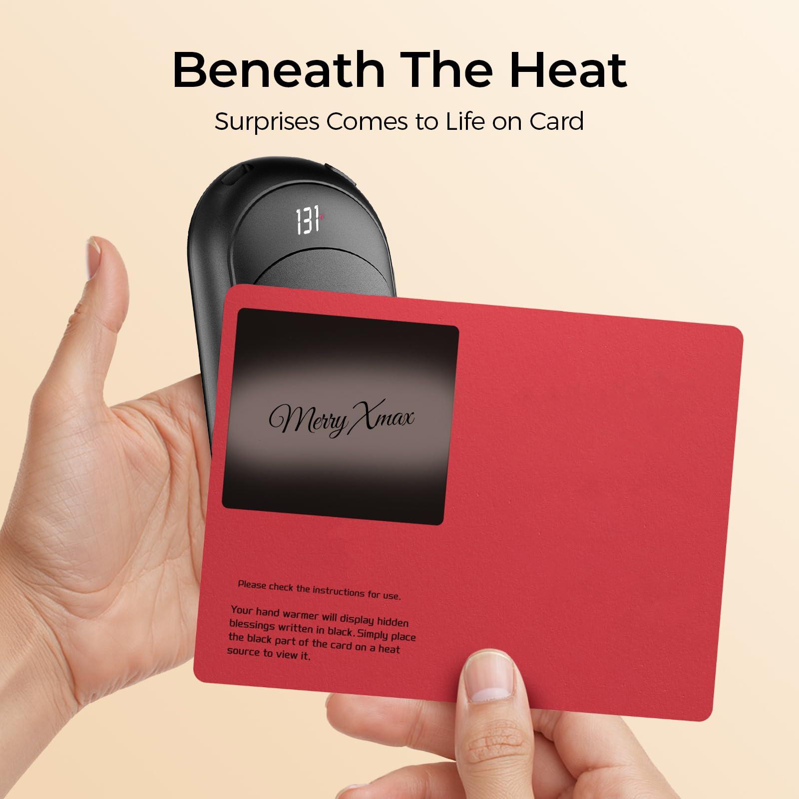 Fussion AI 2-pack rechargeable hand warmers, includes a greeting card, 6400mAh battery, 3 temperature settings, rapid heating, portable design, 10-hour battery life, suitable for outdoor activities such as skiing, hunting, golf, and camping.