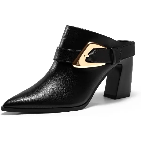 Coutgo Womens Mules Boots Chunky Stacked Heel Pointed Toe Booties Slip On Dress Boot Shoes with Buckle Decoration tiktokshopbacktoschool