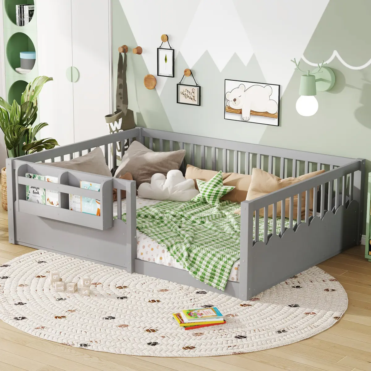 Full Size Floor bed with Heightened Fence and bookshelf ,Wood Floor Bed