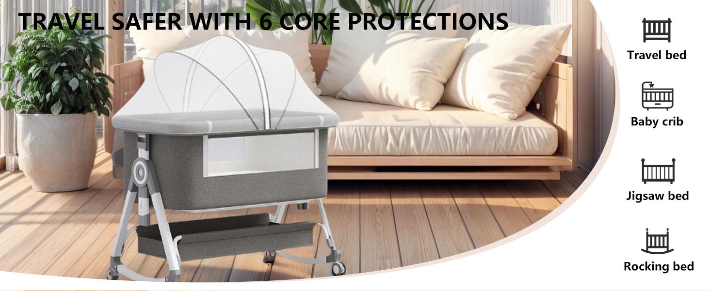 Virplik 4-in-1 Portable Baby Bassinet with Mosquito Net, Rocking Function, Storage Basket, Adjustable Height, Foldable Design, Wheels, Mattress, Crib for Newborns Bassinet with Mattress