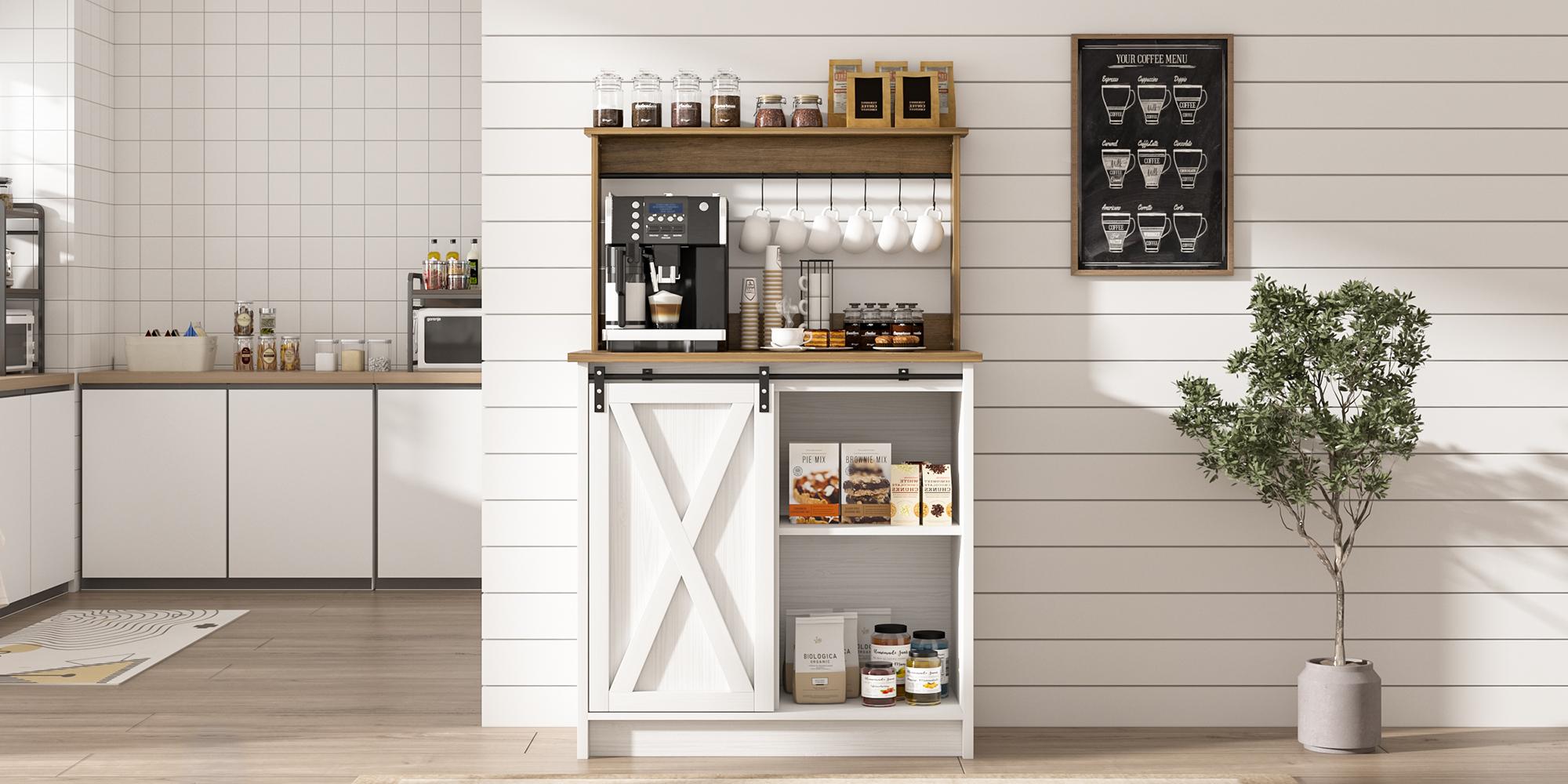 HOMBCK Farmhouse Coffee Bar Cabinet, Sideboard Buffet Cabinet with Storage and Shelf