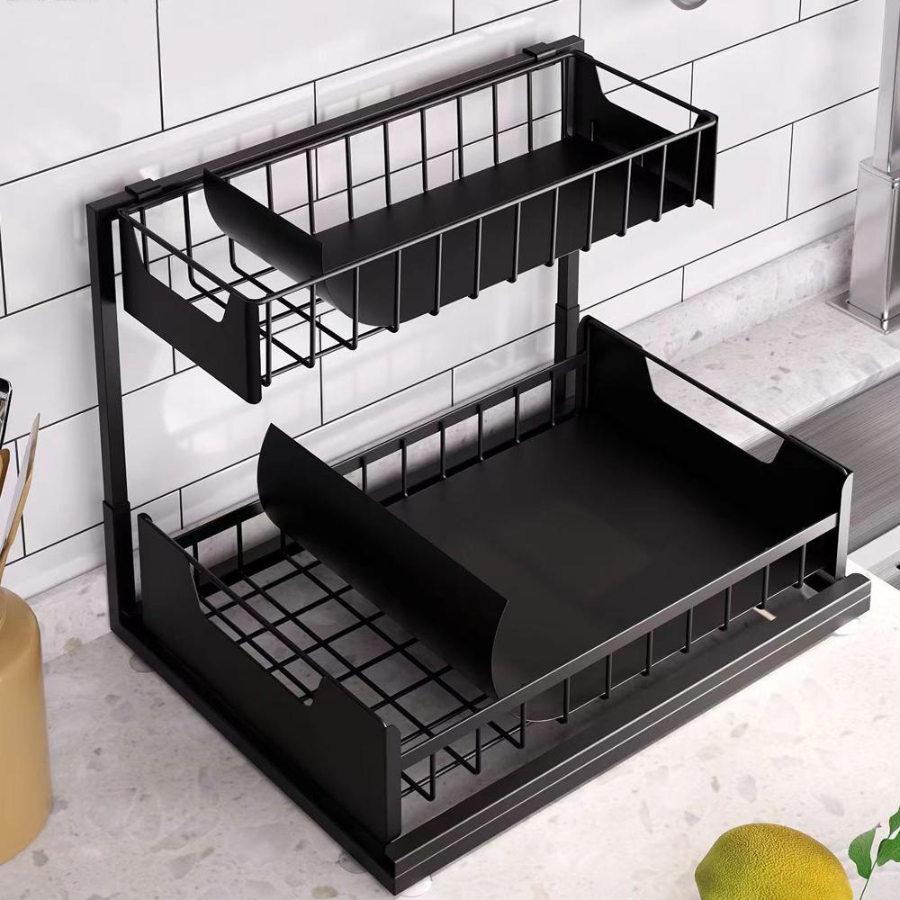 Black 2-Layer Rectangle Sliding Pull-Out Under Sink Shelf - Bathroom Organizers, Hanging Adjustable Vanity Storage Holder with Frost Finish, HIPS Materials, Dish Drying Rack, Easy Installation, 1-Pack for Bathroom, Garage Use