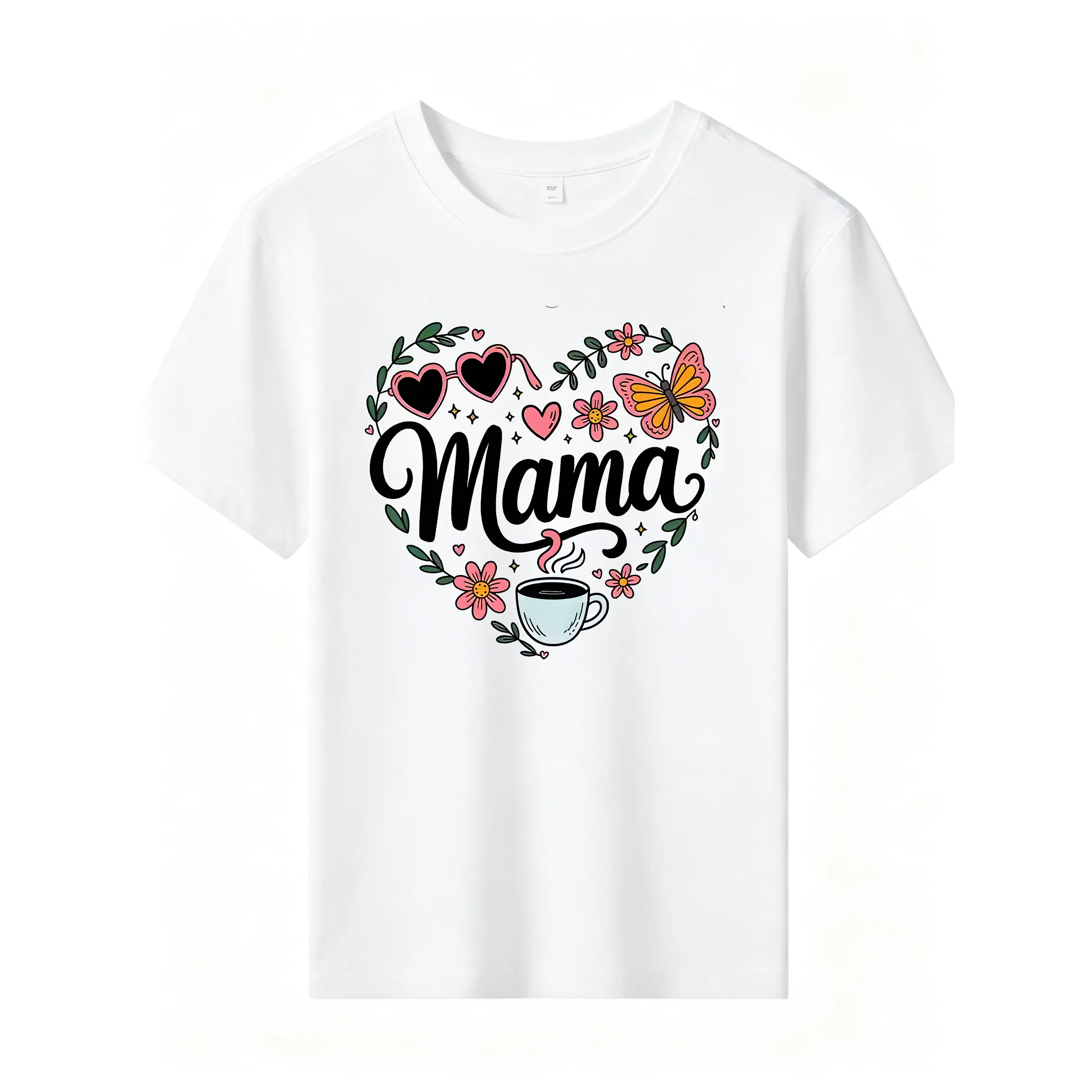 Women’s Cotton Coffee Mama Graphic T‑Shirt, Heart Flower Butterfly Print, White Crew Neck Mother’s Day Casual Tee