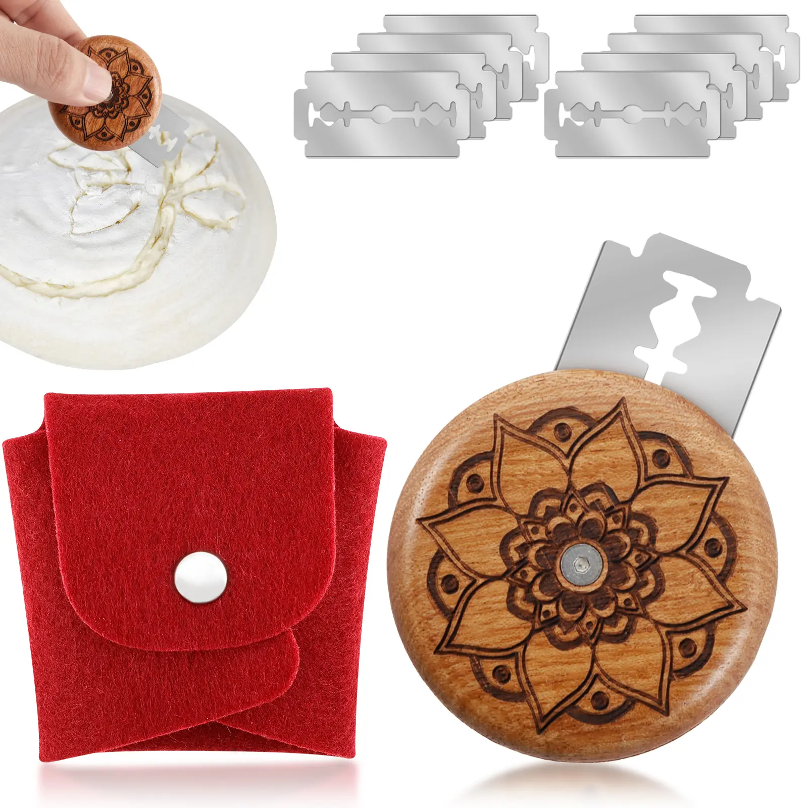 Bread Scoring Tool Portable Bread Lame Cutter Wooden Bread Lame Slashing Tool with 10 Stainless Steel Blades and 1 Red Felt Bag Handmade Bread Scoring Dough Cutter Tool for Sourdough Bread