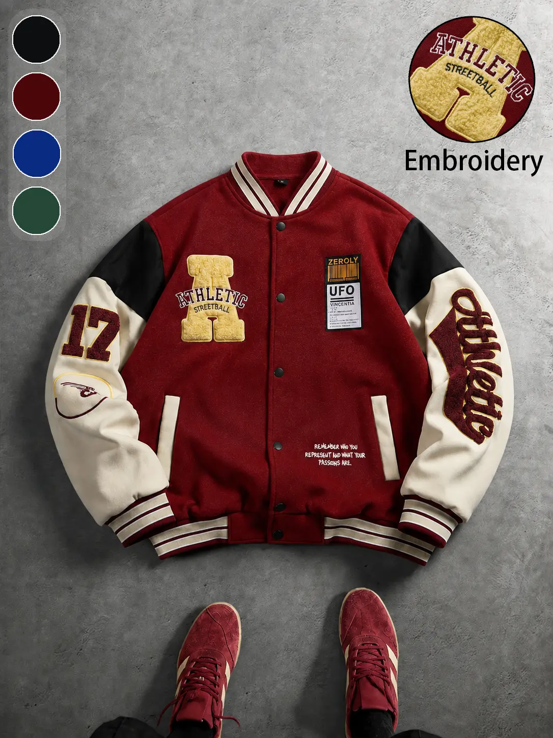 Men's Embroidered Loose-Fit Baseball Jacket - Colorblock Coat, Multi-Functional Varsity Letterman Outerwear, Button-Front Long-Sleeve Streetwear Bomber, Hip-Hop College Casual Fall Winter Menswear Top