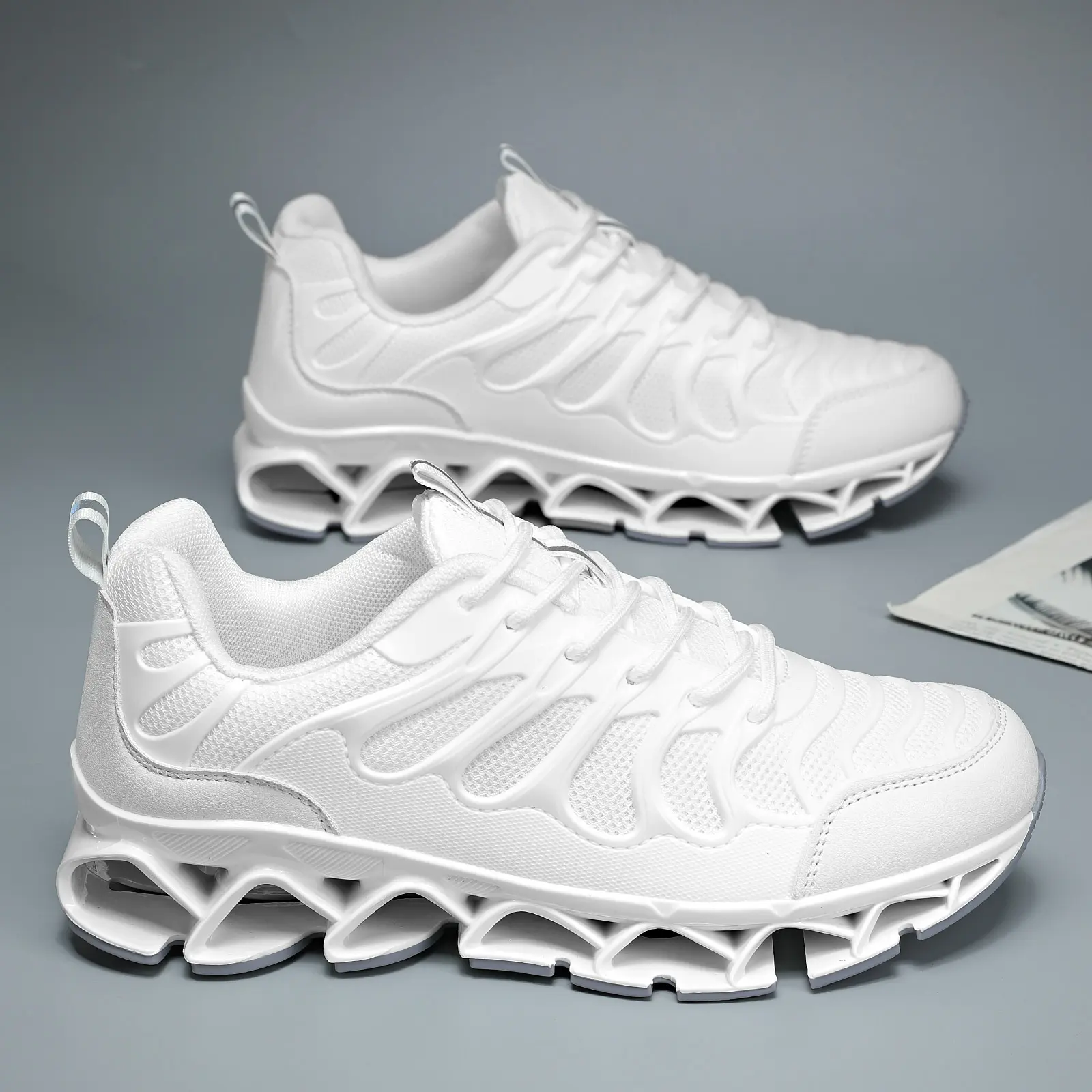 Men's Lace-Up Running Shoes - White Breathable Mesh Gym Shoes, Lightweight Comfortable, Unique Hollow-Out Shock-Absorbing Sole, All Season for Athletic Walking, Gym Fitness, EU39/US6.5 EU40/US7,shoes for back to school,back to school shoes