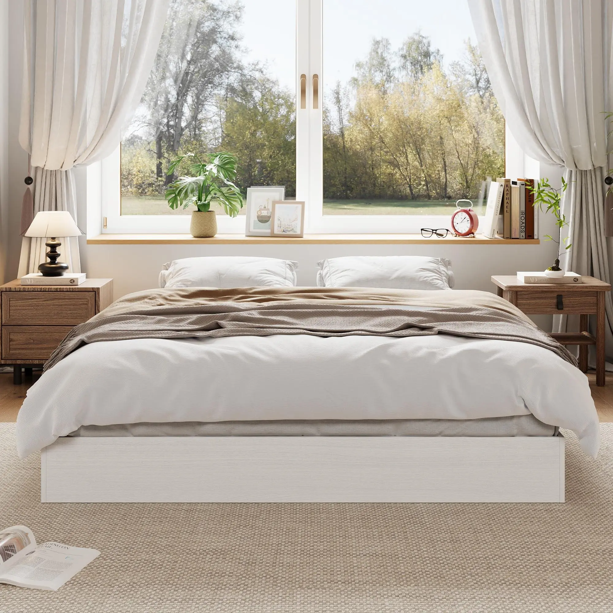 GARVEE Minimalist Full Size Wood Platform Floor-Bed, Low Profile No-Headboard Indoor Furniture, Floor-Standing No-Gap Design, Wood Slat Support, No Box Spring Needed, Easy Assembly, Noise-Free, Spacious Feel, White