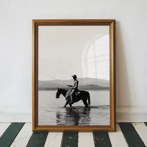 Vintage Cowboy Fishing Poster Wall Art, Retro Black and White Western Fisherman Print, Rustic Outdoor Sports Decor, Gift for Men.