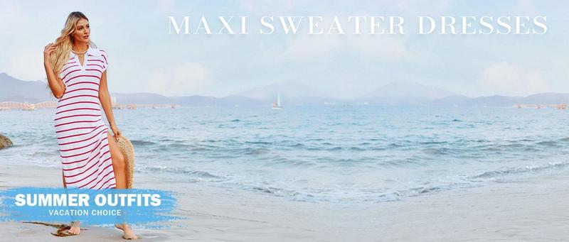 Imily Bela Womens Striped Summer Dresses Short Sleeve V Neck Knit Collared Sexy Slit Loose Maxi Sweater Dress