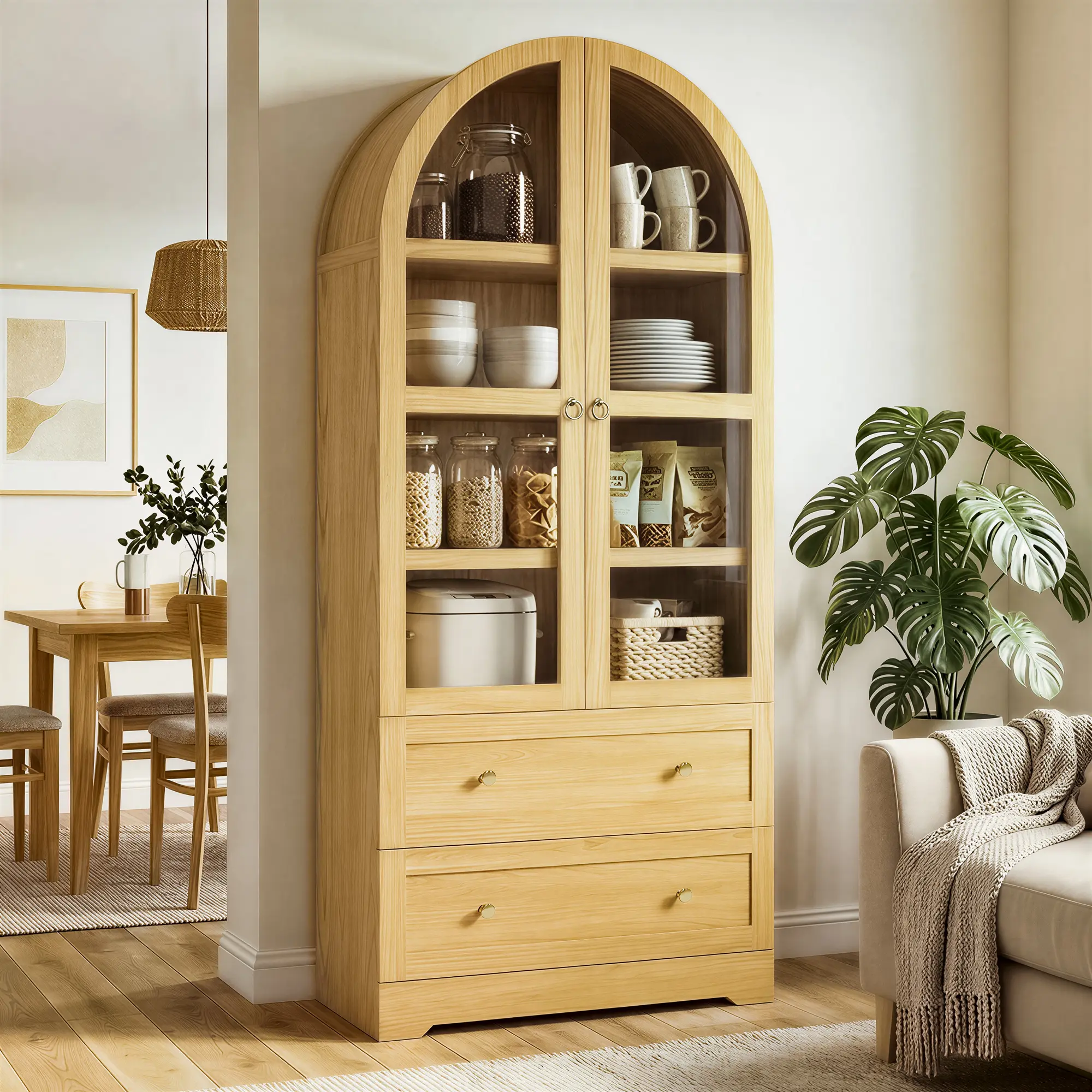 LIKIMIO 71" Tall Arch-Shaped Floor-Mounted Farmhouse Wood Storage Cabinet Chest - Glass Doors, 2 Large Drawers, Adjustable Shelves, Curved Tall Cupboard Sideboard for Home Organization Storage in Kitchen, Dining Room,dorm essentials,home decor