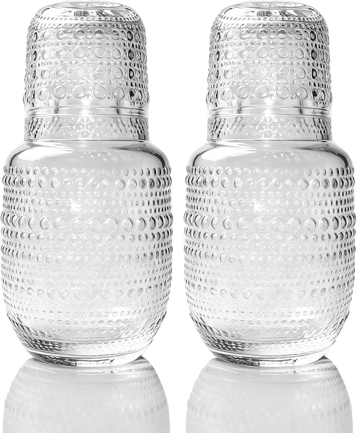 2 Sets Elegant Vintage Round Shape Glass Bedside Water Carafe & Glass Set (4 Pieces) - Hobnail Dots, Embossed Lid, 20 Oz Pitcher, 7 Oz Cup, Nightstand Use, Bathroom Mouthwash Dispenser, Kitchen Drinkware