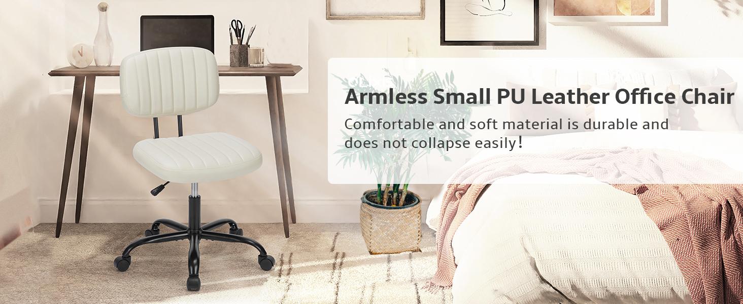Modern Height Adjustable Small Office Desk Chair with WheelsComfy Armless PU Leather Rolling Swivel Task Chair Perfect for Adults, Students, Bedrooms, Homes, and Vanities