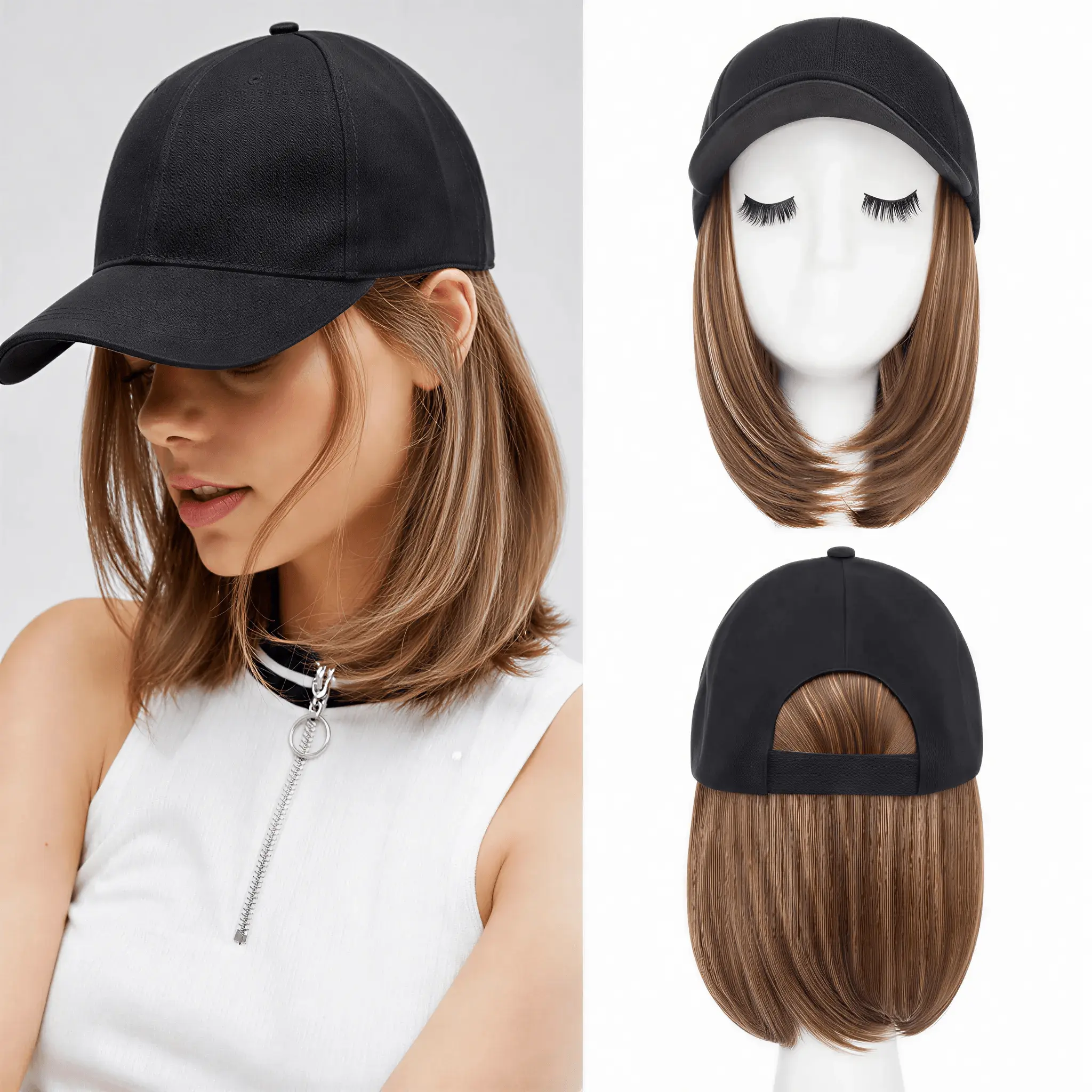 SEGOHAIR Baseball Cap with Hair Extensions Heat Resistant Synthetic Adjustable Short Straight Hairstyle White and Black Cap wigs for Women 6 Inch