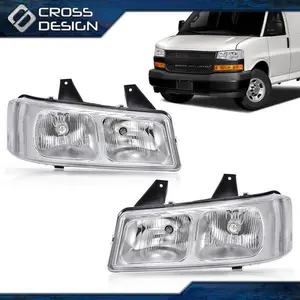 CROSSDESIGN Fit For 2003-2019 Chevy Express GMC Savana Van Headlights Headlamps Chrome