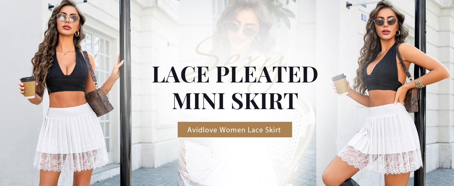 2026 NEW Womens Pleated Skirt Lace Mini Skirts Sexy High Waist Short Going Out Skirt,Women Y2k Mini Slip Skirt with Lace Trim Pleated Ruffle Short Skirts Flowy Club Night Skort Underskirt XS-XL