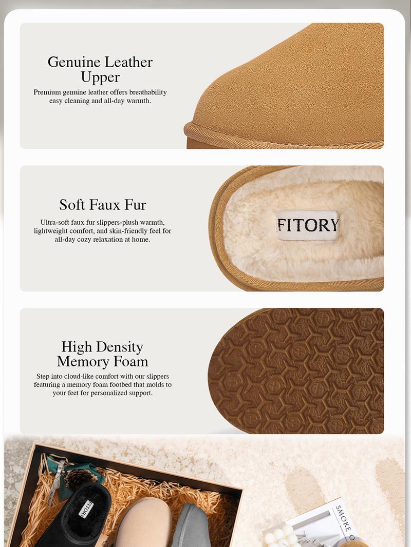 FITORY Men’s Leather House Slippers, Cozy Winter Memory Foam Slip-On Shoes, Warm & Durable Indoor Footwear Size 7-14