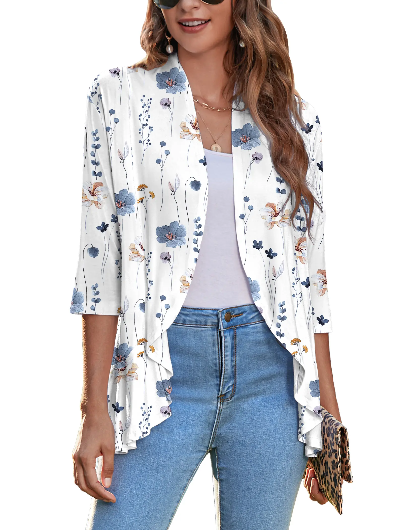 ZEAGOO Women's Open Front Cardigan 3/4 Sleeve Draped Ruffles Soft Knit Sweaters S-3XL summerwins