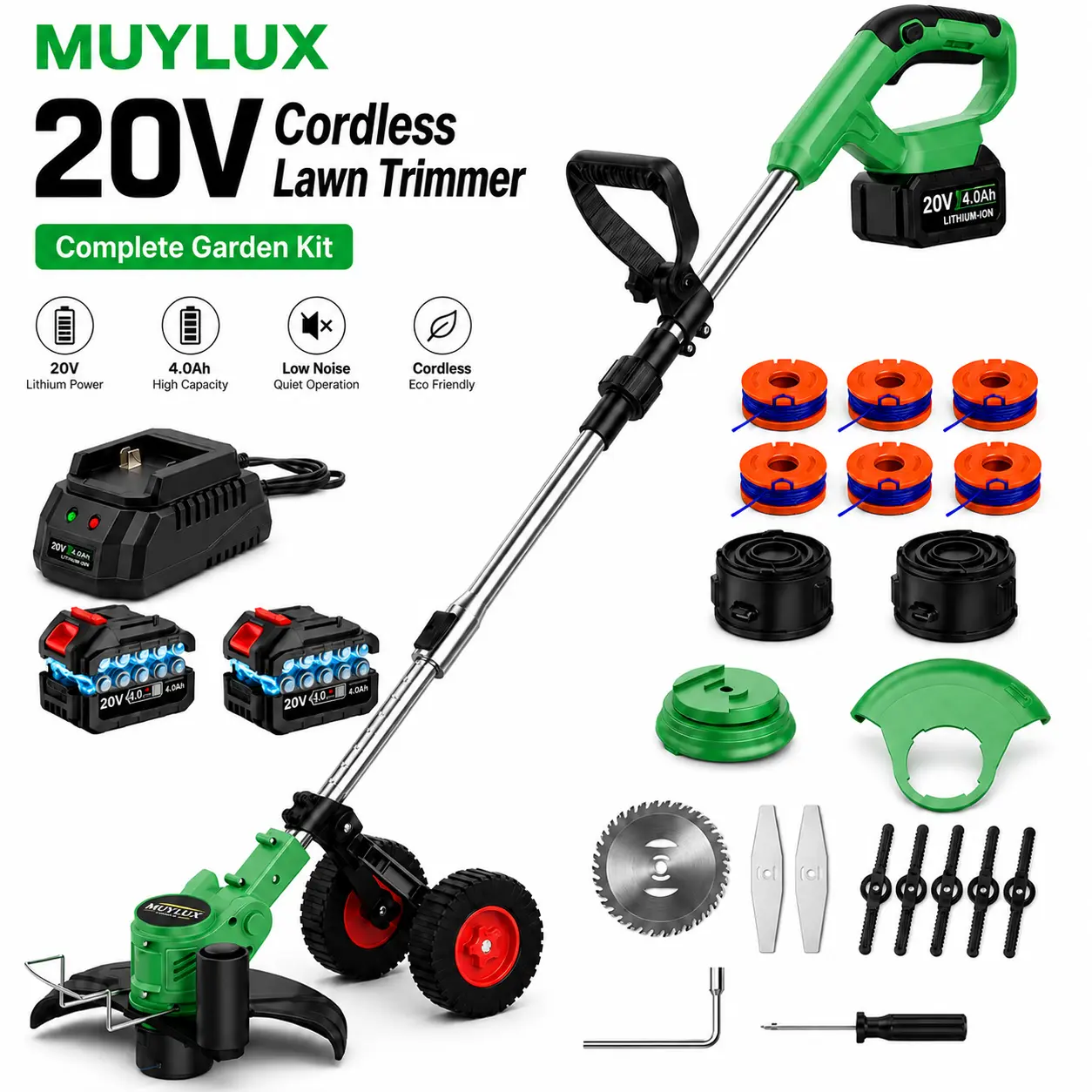 20V Cordless Handheld Grass Trimmer Kit - 4.0Ah Battery, Electric Weed Eater & Edger with Wheels, Grass Trimmer Accessories (Nylon Spools, Metal Blades, Saw Blade) for Fences, Garden Brush Cutter lawn equipment, Batteries, Path Trimmer