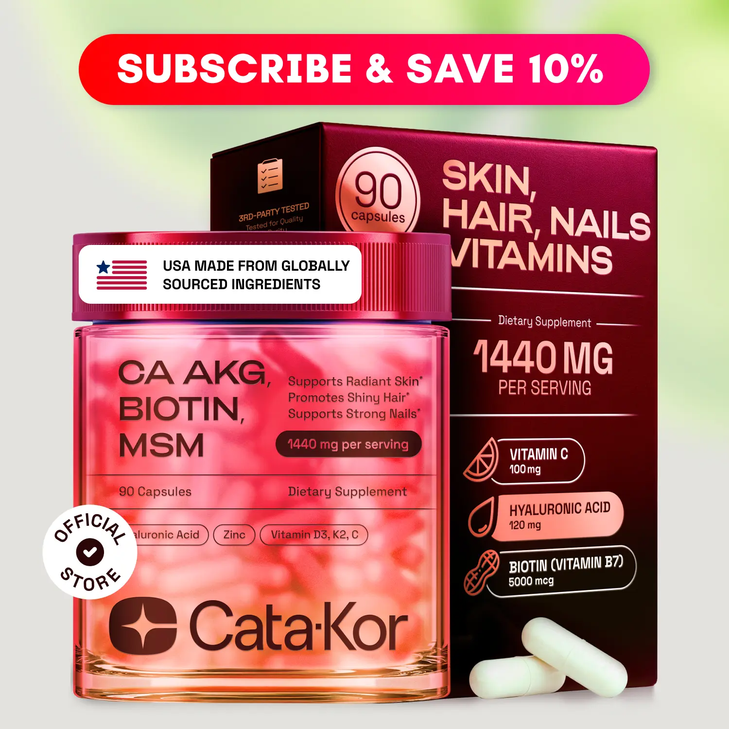 Cata-Kor Skin, Hair & Nails Supplement – Ca AKG | MSM | Hyaluronic Acid | Biotin – Supports Radiant Skin, Promotes Shiny Hair & Strong Nails – Beauty Complex, Dietary Supplement