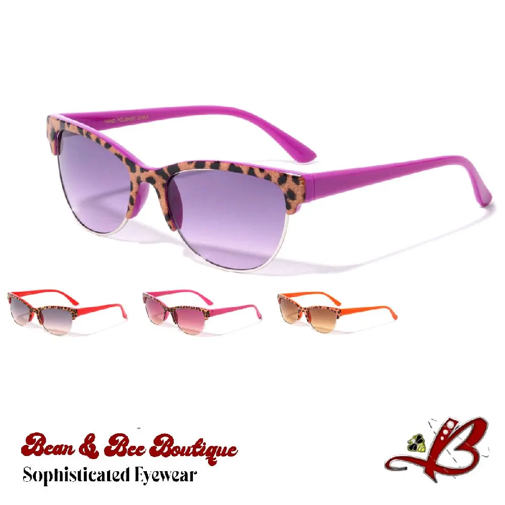The B&B Hollywood Leopard Luxe Celebrity Eyewear Golden Age Glamour Collection Shades Half Frame Cat-Eye Semi Rimless Sunglasses with Vibrant Leopard Print & Gradient Lenses for UV Eye Protection