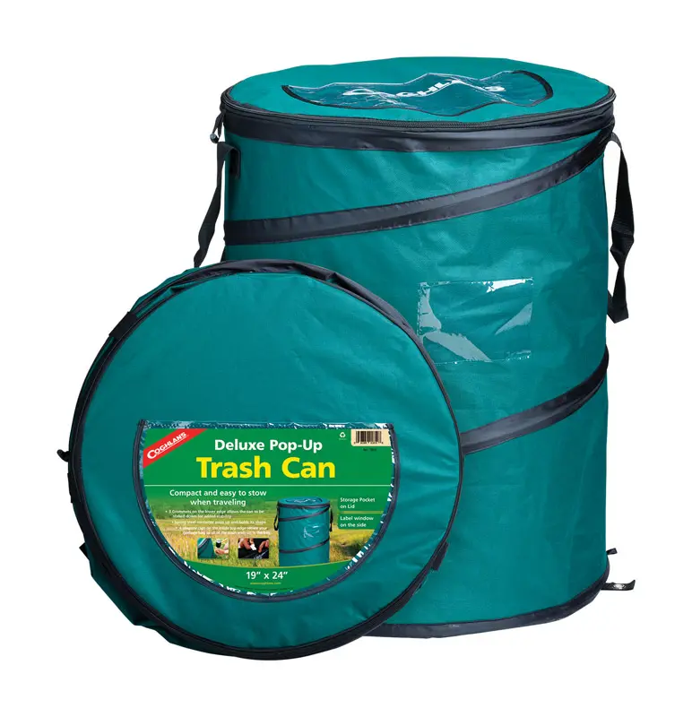 Coghlans Deluxe Polyester Pop-Up Trash Can - Outdoor Storage Bin for Camping, Fishing, Sports, Lightweight with Pockets, 24x19x19 in, 2 Lbs, Green, Portable for Off-Season Storage