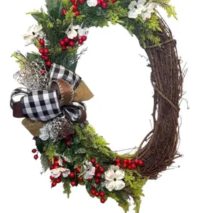 Farmhouse Wreath: Red Berries, Dogwood Blossoms, Buffalo Plaid Bow