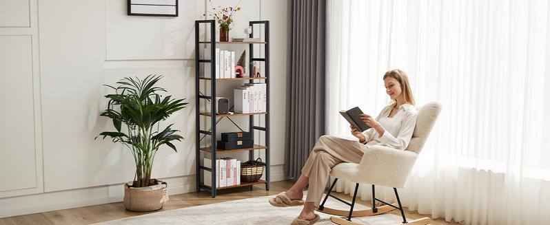 5 Tier Bookshelf: Modern Industrial Corner Storage Organizer for Bedroom, Home Office-Tall Bookcase for Books, Garage Kit, CDs, Movies