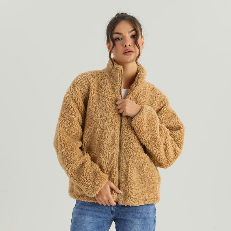 KatchMe Women's Cozy Mock Neck Side Pocket Zipper Fluffy Long Sleeve Outerwear, Versatile Faux Fur Fleece Coat for Fall & Winter, Comfort Solid Color Outfit（2）