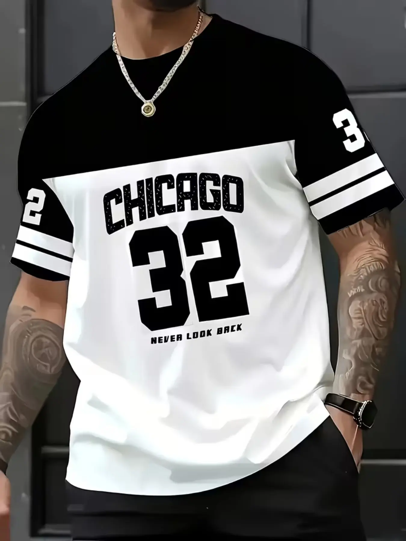 Men's New Casual Streetwear Round Neck T-Shirt, Chicago Word Design, 32 Number Pattern, Polyester Knit Fabric, Breathable Outdoor Comfort, Gift for Friends