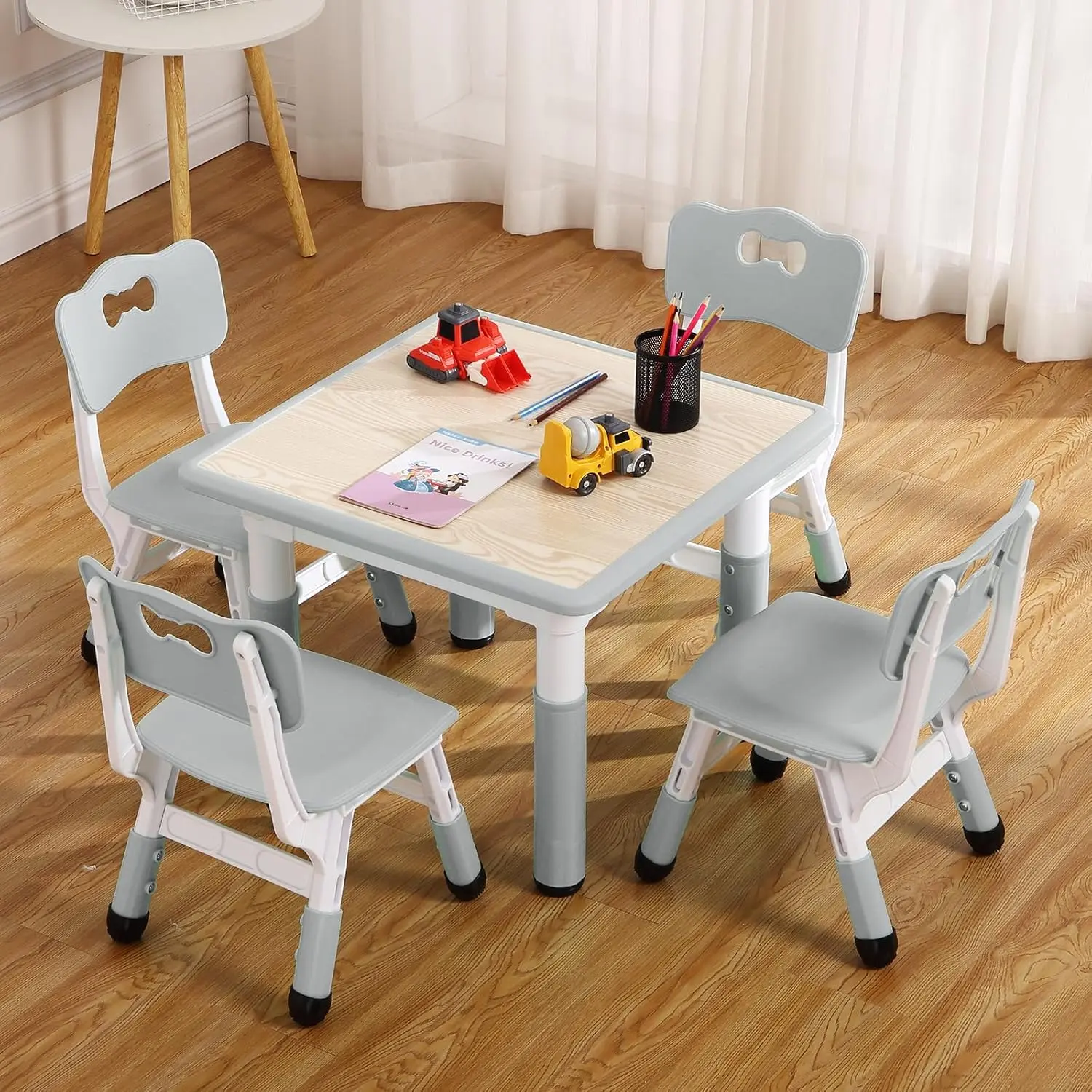 Modern Kids 4-Seat Furniture Set - Table+Chairs, 23in Ergonomic Height-Adjustable Toddler Table with Non-Slip Legs, Organizer, Graffiti Desktop, Collapsible Dining Design, Easy Setup for Ages 2-10 (Gray, Ergo Chairs Ease Long Sits)