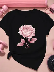 Single pink rose exquisite print pattern, men's and women's same round neck short-sleeved T-shirt, pure cotton 100% S-3XL