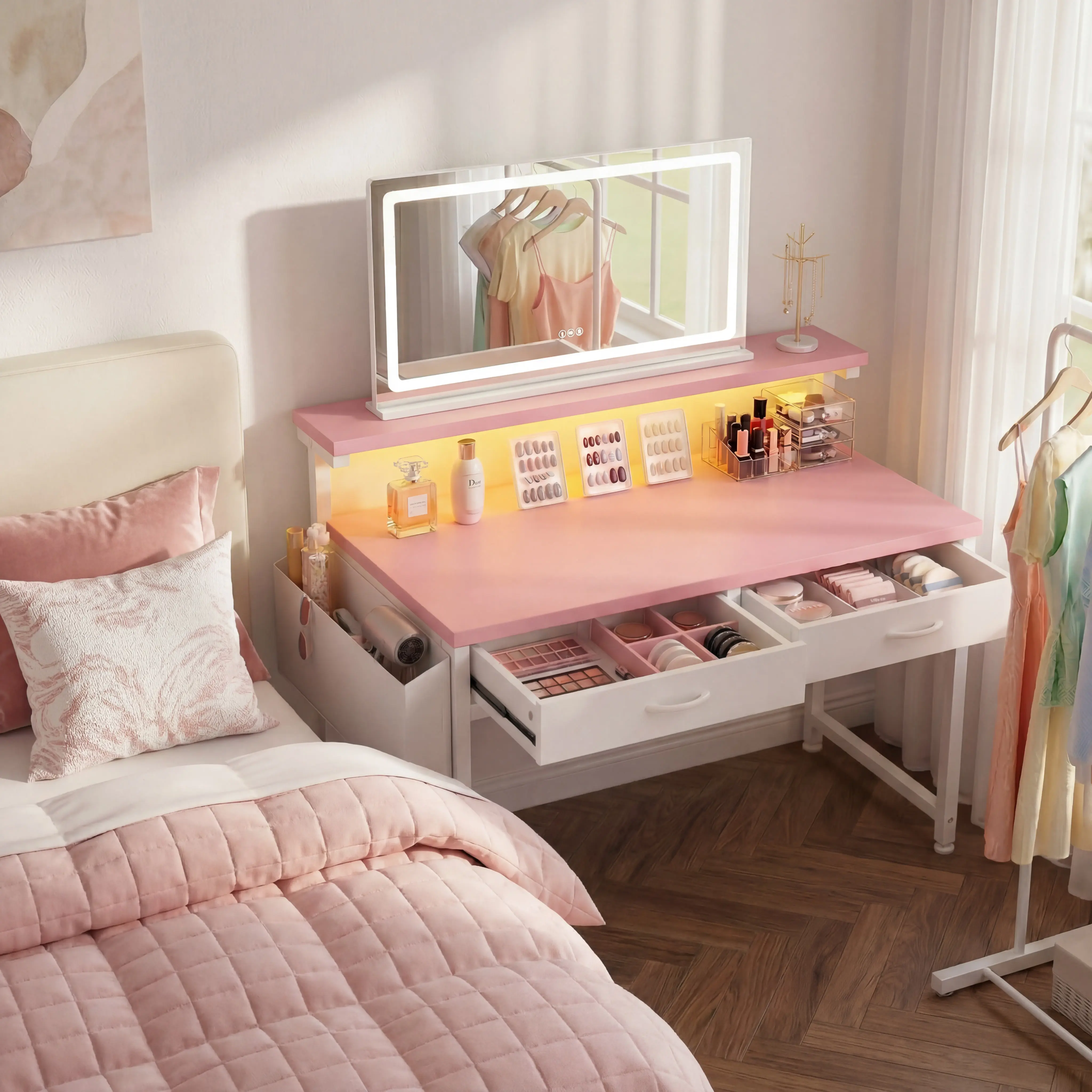 【Vanity & Gaming Desk】47'' Desk with LED Lights in Dorm & Apartment, Low-cost DIY vanity makeover, Computer desk with 2 Storage Drawers & Side Pocket, Home Office Desk with Ergonomic Monitor Stand,Writing Table & Home Office Desk, Women's Bedroom Decor
