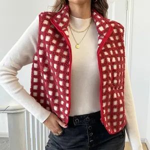 Womens Sherpa Fleece Vest Checkered Sleeveless Zip Up Warm Cardigan Polar Fleece Vest Jacket With Chest Pocket  YR1711