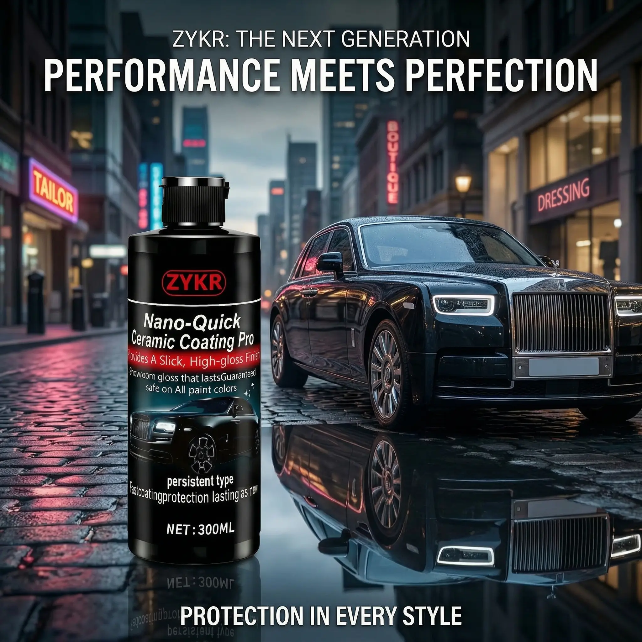 ZYKR Nano-Quick Ceramic Coating Pro for automobiles, featuring advanced ceramic technology for dust-proof glass effect and lasting luster. 300 ml.