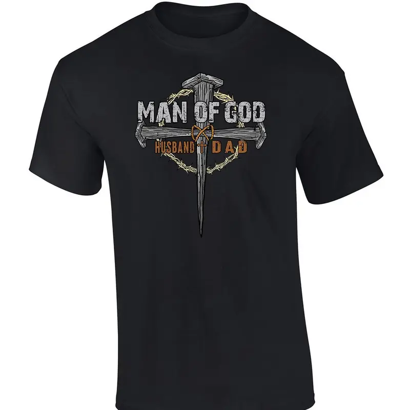 TRENZ SHIRT COMPANY Men's Father's Day Man Of God Crown Cross Husband And Dad Christian Short Sleeve T-Shirt Cotton Menswear Top Breathable Soft Crewneck Casual Streetwear