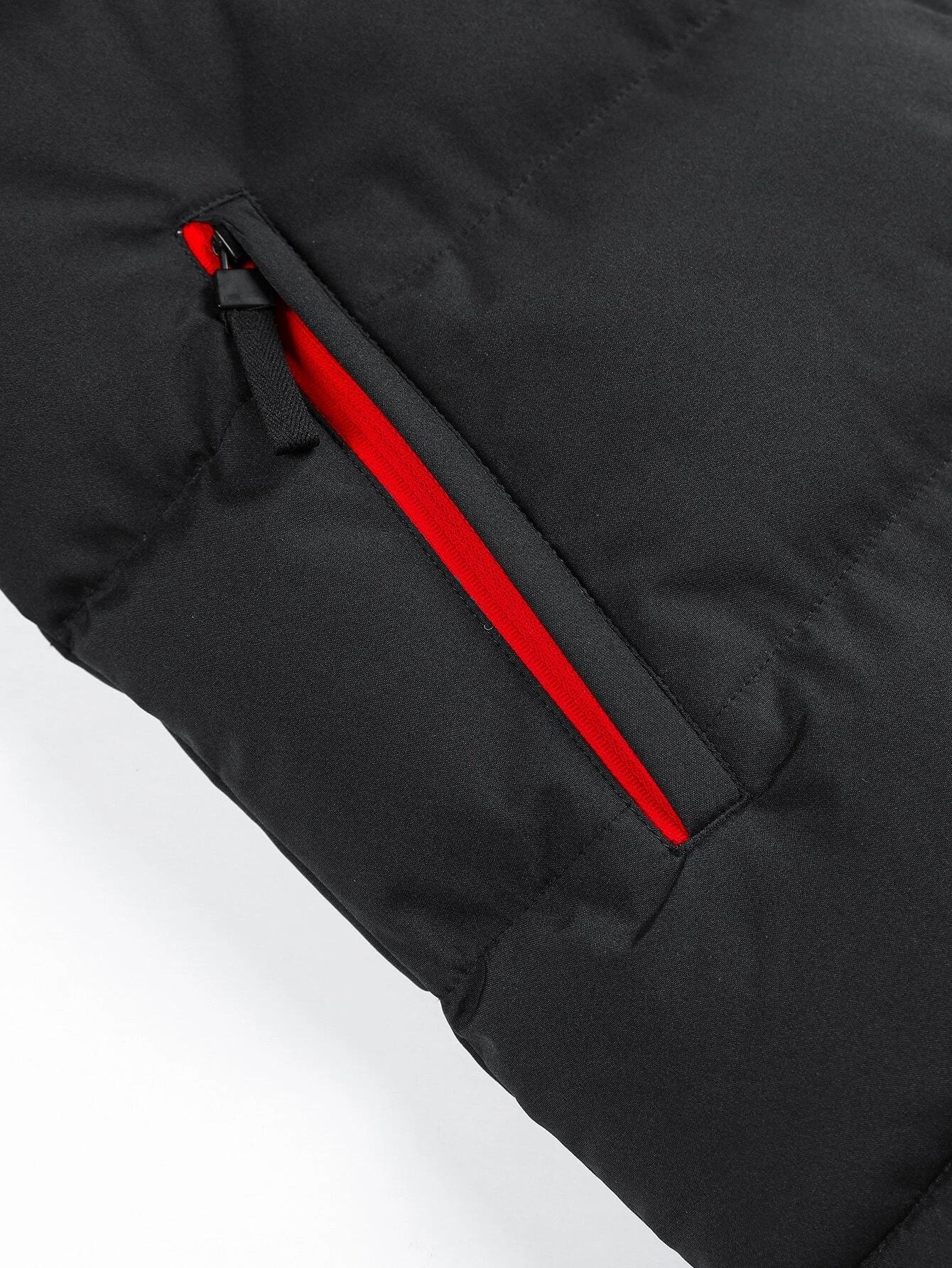 Men's Padded Hooded Vest, Casual Sleeveless Plain Polyester Top, Fitted Style with Adjustable Drawstrings and Red Zipper, Machine Washable, Tops, Pull On, Overall, Hood Fits Your Size, Simple Style, Easy To Style