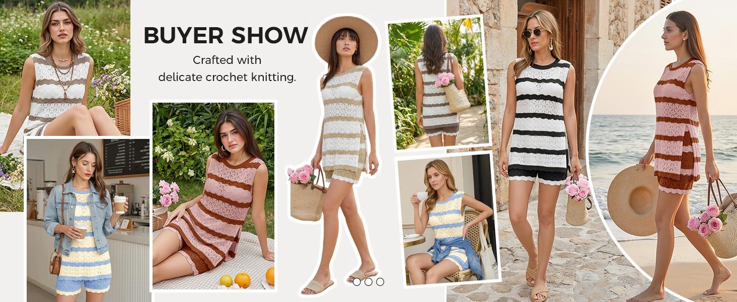 Fisoew Womens Striped Crochet Knit 2 Piece Set Sleeveless HollowOut Tank Top & Matching Shorts Breathable Beach Casual Outfit for Summer Vacation SpringStatements