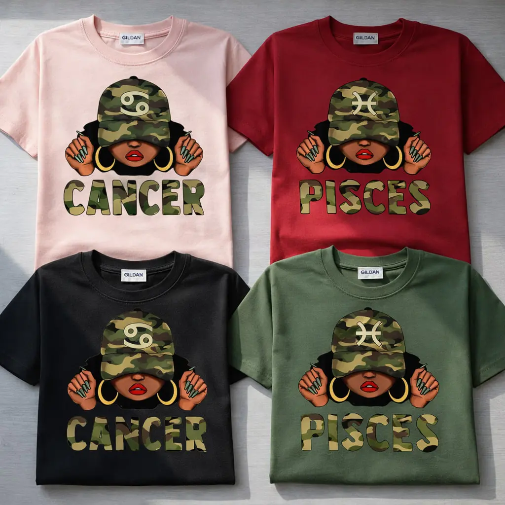 [Full 12 Zodiac] Camo Zodiac T-shirt – Full 12 Astrology Sign Pullover with Camouflage Hat & Bold Lettering, Trendy Unisex Horoscope Crewneck for Cancer, Pisces & Zodiac Lovers Cotton Menswear