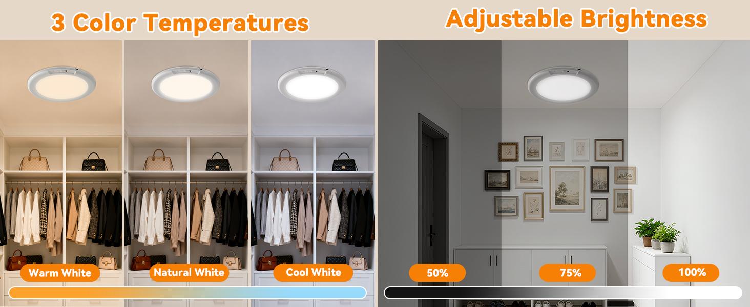 Rechargeable Ceiling Light 2-Pack, 3 Color Modes, Motion Sensor with Remote, Wireless Battery-Operated Magnetic LED Lights for Shower, Closet, Pantry, Shed, Hallway, Porch, Garage