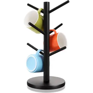 Mug Holder Tree, Thicker Base Coffee Cup Holder for Countertop, Sturdy Wood Coffee Mug Hanger with 6 Hooks, Non-Slip Cup Rack for Home Storage and Organizer Fertoriy