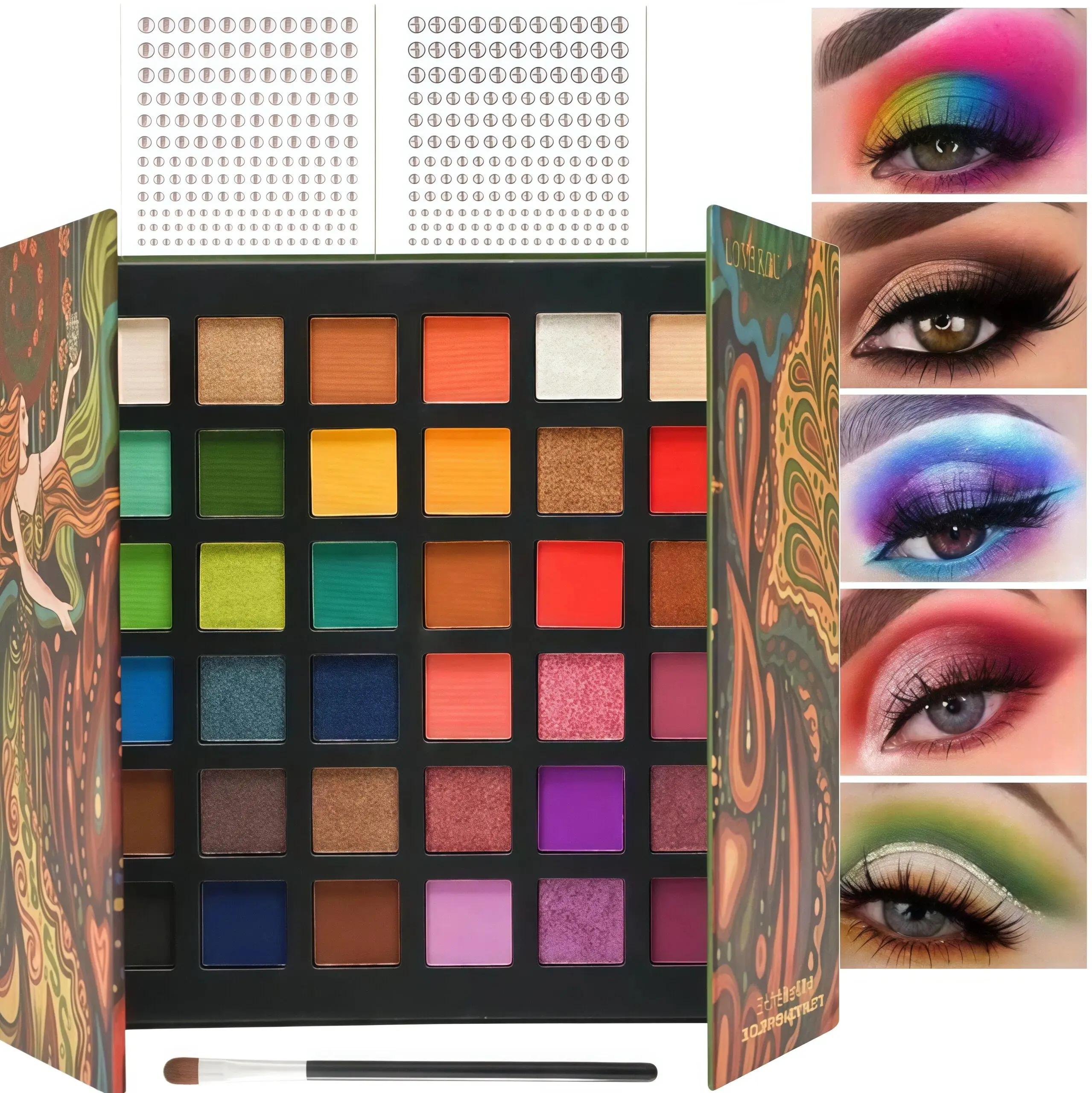 36-Color Vintage Oil Painting Eyeshadow Palette, Alcohol-Free Sensitive Skin-Safe Smooth Cosmetic, Matte-Shimmer-Glitter Powder, Waterproof, Long-Lasting, Easy-to-Blend, Vibrant Pigment Compact Kit with Bonus Brush & Face Rhinestones for Cosplay, Stage