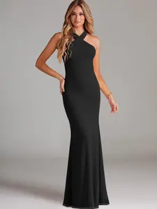 Azazie Doretta Mermaid Halter Pleated Bow Wedding Guest Evening Formal Dress