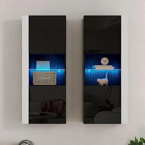 AMERLIFE Wall Storage Cabinets with LED Lights, Modern High Gloss Hanging Cabinets with 4 Closed Doors & Open Glass Shelves, for Living Room/Bedroom[tiktokshopbacktoschool][SohoChic]