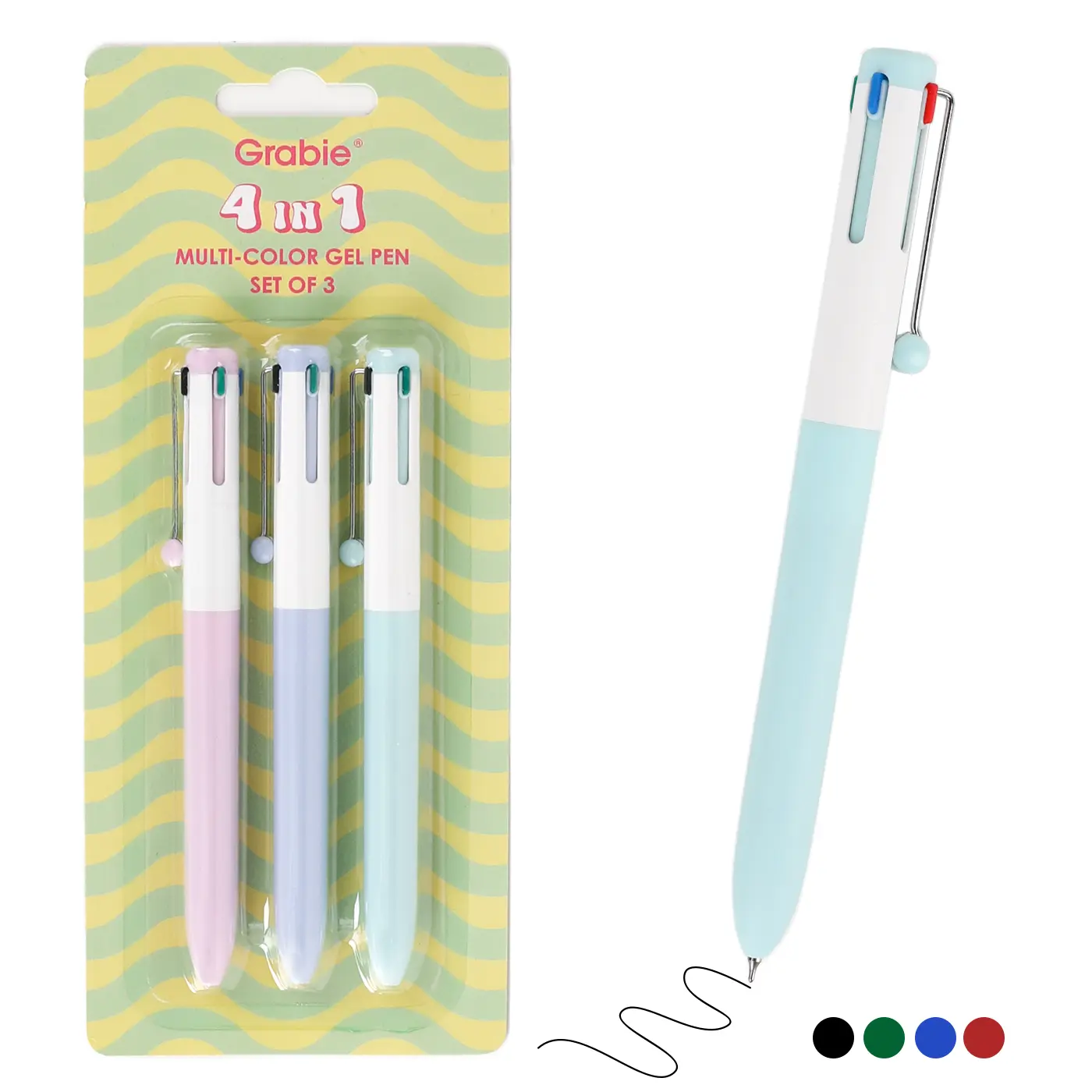 Grabie 3-Piece 4-in-1 Multi-Color Gel Ink Pen Set - 0.5mm Smooth Rollerball Tip, Assorted Colored & Black Refills, Back to School Haul Supplies, All Seasons Class Reward Gift, Color-Coding Notes