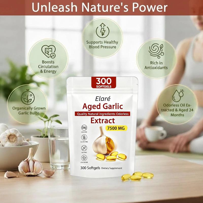 1 PACK Elare Aged Garlic Extract, 300 Softgels, 7500mg Odorless | Heart & Immune