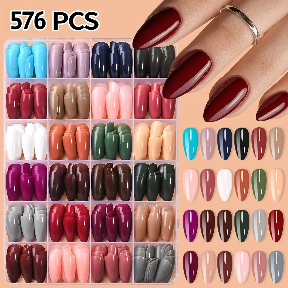 576 Pcs Press-On Nails Set, Full Coverage Colorful False Nails, Long-Lasting Glossy Nail Kit for Girls