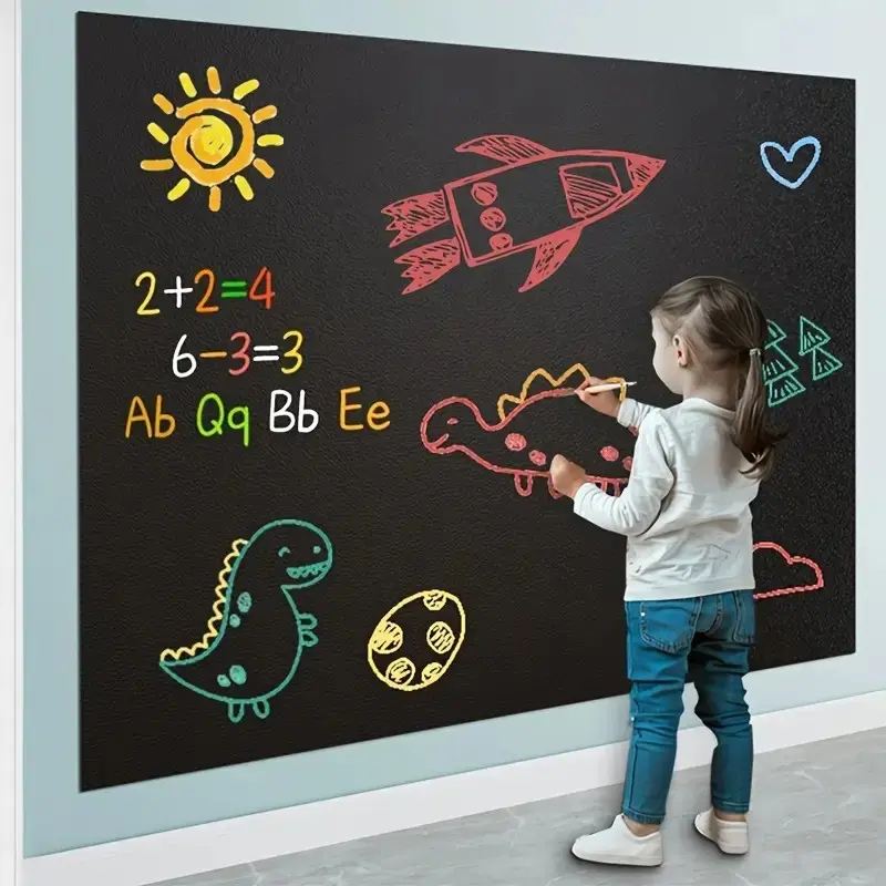One Roll Removable & Cuttable 17.3inx78.7in Chalkboard Wallpaper One Roll of Self-adhesive Vinyl Removable Chalkboard Wallpaper, Five Colored Chalks, Durable Dry Erase Wallpaper Message Board, Writing Board for Office, School, Home